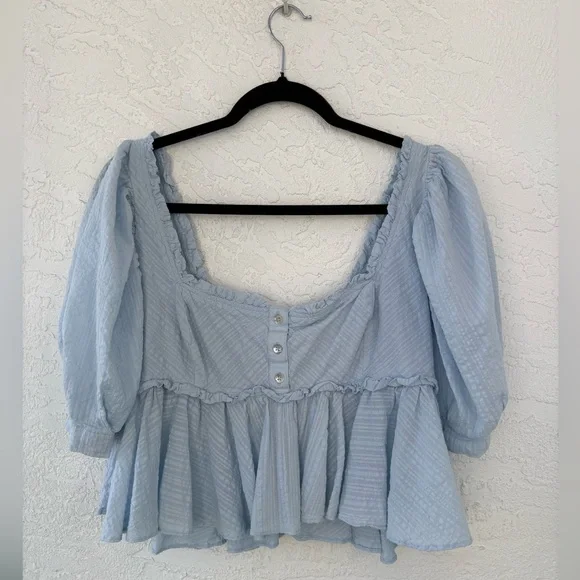 Free People Leave It To Me Peplum Blue Crop Top Small Square Neck Pleated - Picture 3 of 11